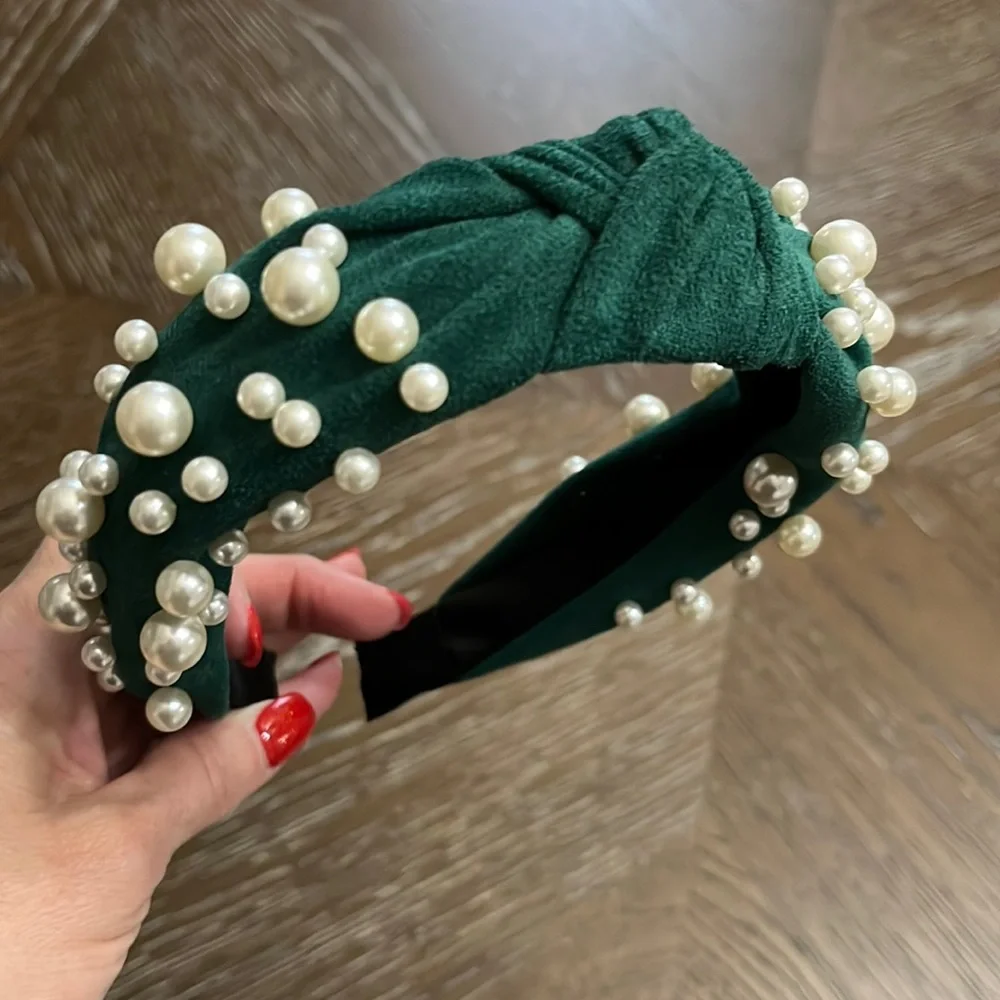 Green faux suede with pearls headband